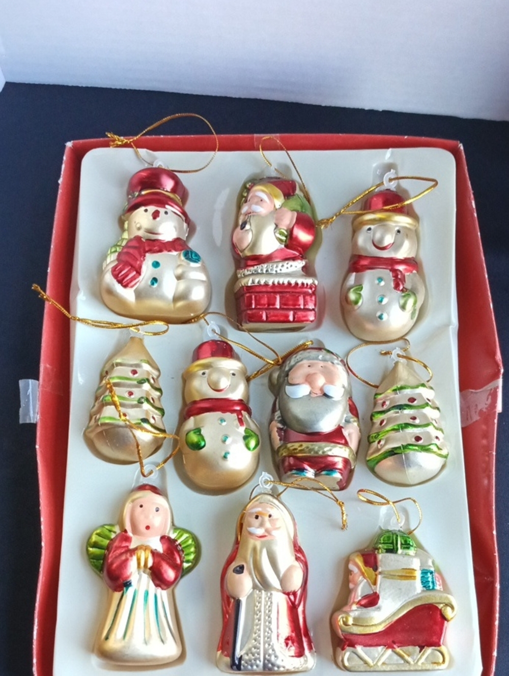 Vintage Festive Gold and Red Plastic Christmas Ornament Set